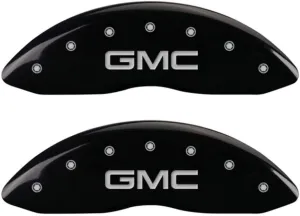 MGP Caliper Covers 34207FGMCBK 'GMC' Engraved Caliper Cover with Black Powder Coat Finish and Silver Characters, (Set of 2)