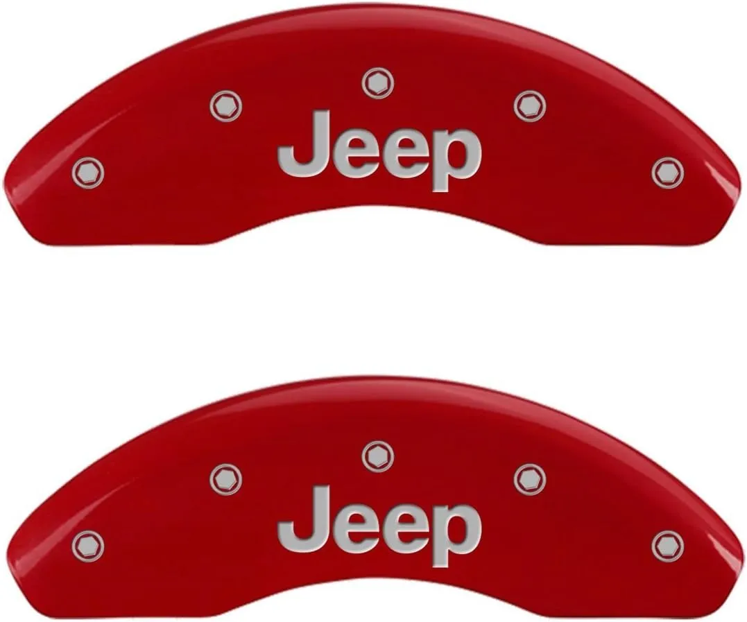 MGP Caliper Covers 42013SJEPRD Red Powder Coat Finish Front and Rear Caliper Cover, Set of 4 (JEEP Silver Characters, Engraved)
