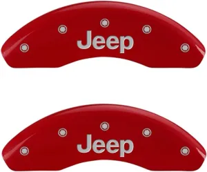 MGP Caliper Covers 42013SJEPRD Red Powder Coat Finish Front and Rear Caliper Cover, Set of 4 (JEEP Silver Characters, Engraved)