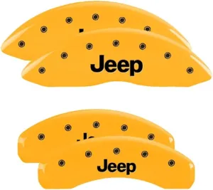 MGP Caliper Covers for Jeep Grand Cherokee 2011-22 with Yellow Powder Coat Finish Engraved Silver Jeep Logo, Front and Rear Caliper Cover (Set of 4)