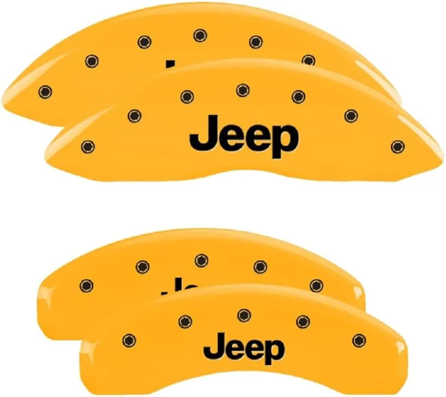 MGP Caliper Covers for Jeep Grand Cherokee 2011-22 with Yellow Powder Coat Finish Engraved Silver Jeep Logo, Front and Rear Caliper Cover (Set of 4)