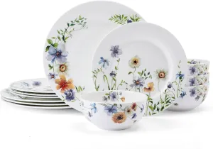 Mikasa Audrina Water Color Flowers Bone China Lightweight Chip Resistant 12 Piece Dinnerware Set, Service for 4, White