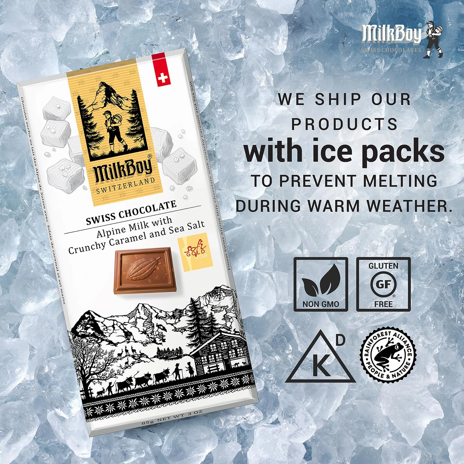 Milkboy Swiss Milk Chocolates - Alpine Milk Chocolate Bars with Crunchy Caramel Sea Salt - Gluten-Free Non-GMO All Natural - Made in Switzerland - 3 oz, Pack 2