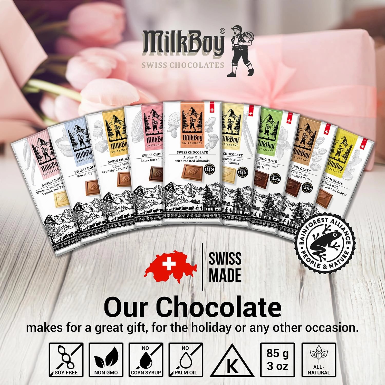 Milkboy Swiss Milk Chocolates - Alpine Milk Chocolate Bars with Crunchy Caramel Sea Salt - Gluten-Free Non-GMO All Natural - Made in Switzerland - 3 oz, Pack 2