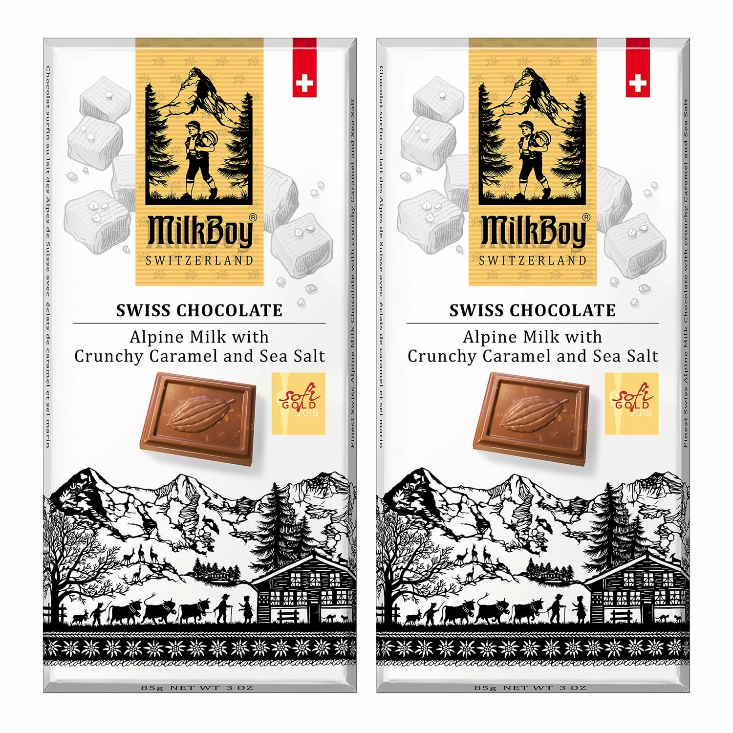 Milkboy Swiss Milk Chocolates - Alpine Milk Chocolate Bars with Crunchy Caramel Sea Salt - Gluten-Free Non-GMO All Natural - Made in Switzerland - 3 oz, Pack 2