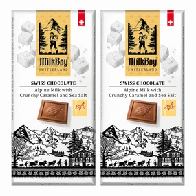 Milkboy Swiss Milk Chocolates - Alpine Milk Chocolate Bars with Crunchy Caramel Sea Salt - Gluten-Free Non-GMO All Natural - Made in Switzerland - 3 oz, Pack 2