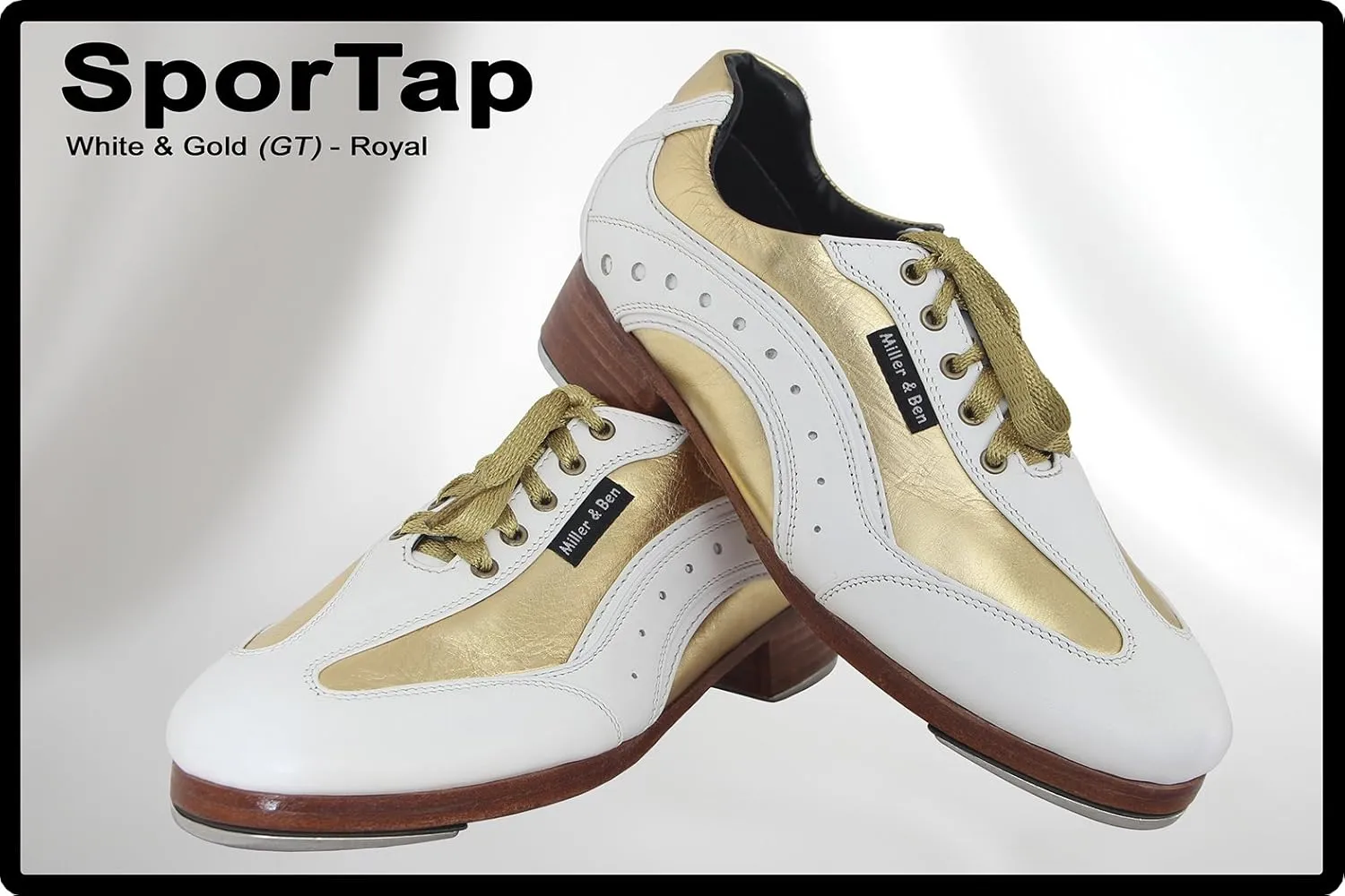 Miller & Ben Tap Shoes; SporTap; White & Gold Professional Tap Shoes