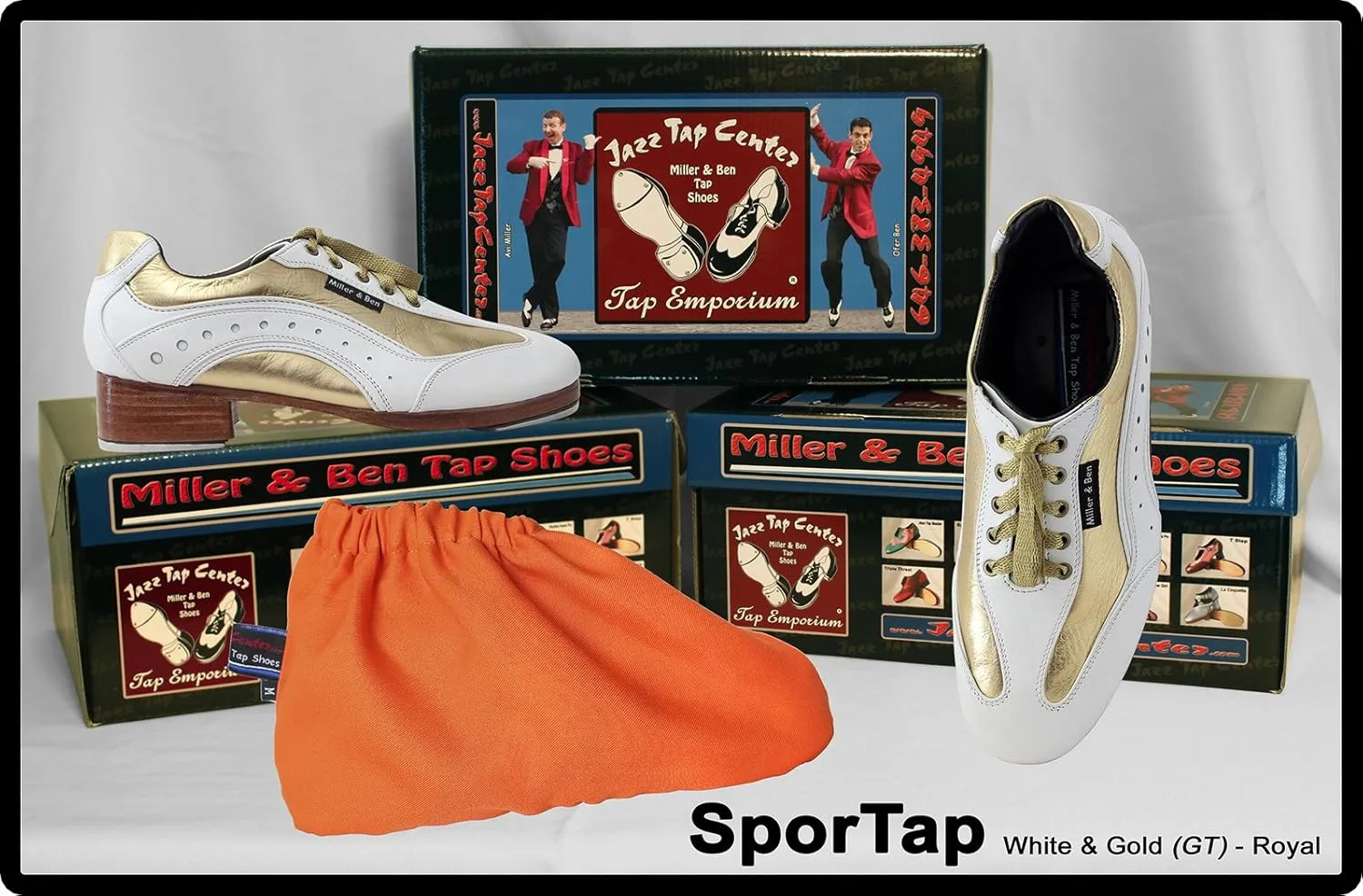 Miller & Ben Tap Shoes; SporTap; White & Gold Professional Tap Shoes