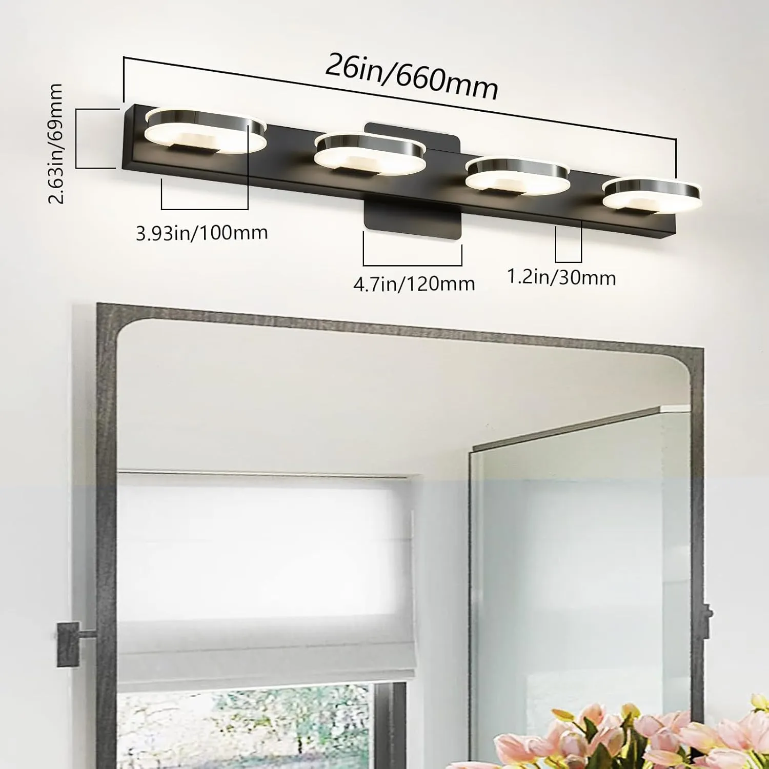 Modern LED 4 Lights Vanity Light for Bathroom Modern Vanity Light Fixture Wall Sconce 26 Inch Natural White Light (Black)