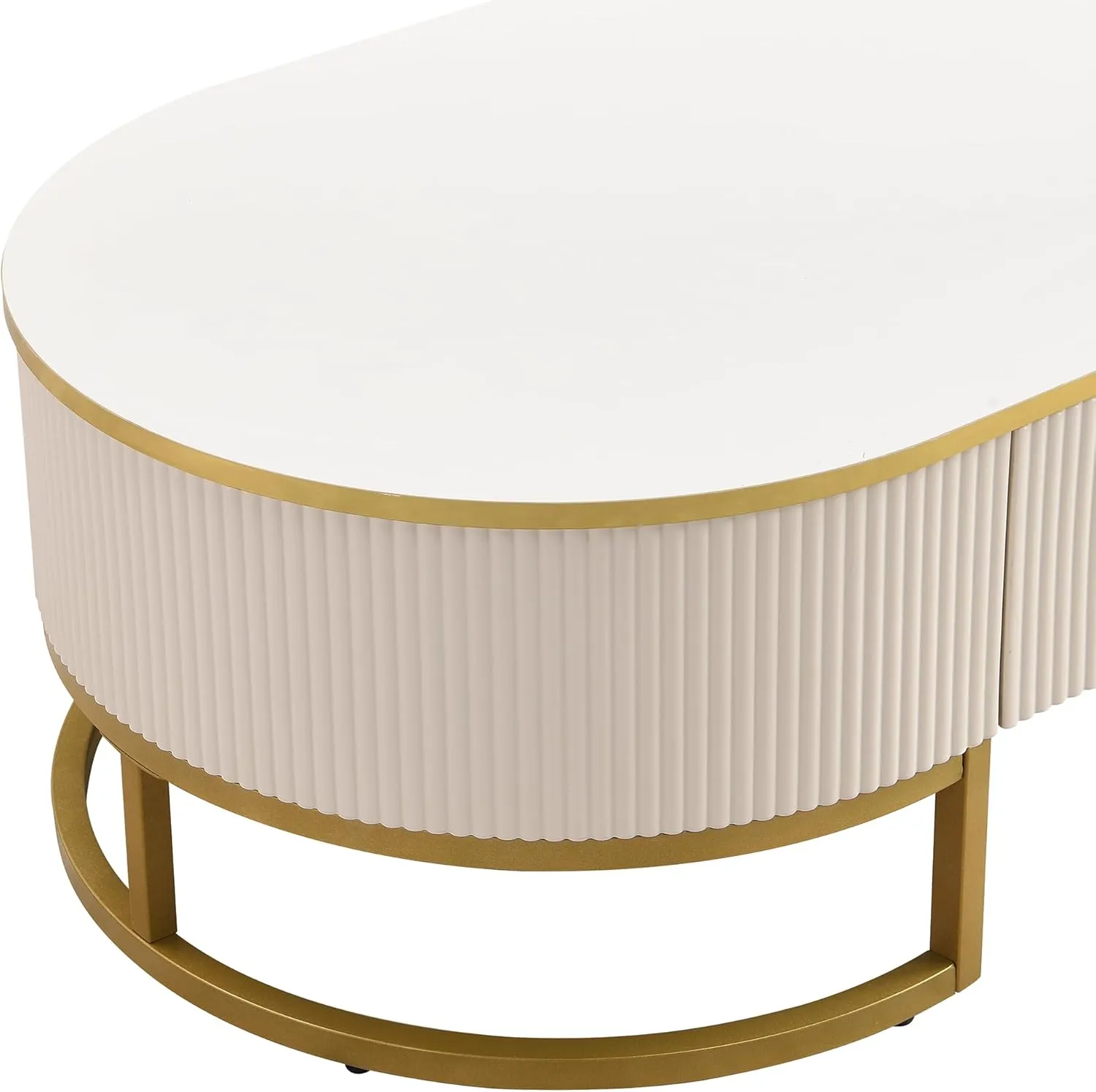 Modern Oval Coffee Table with Drawers,Curved Profile Design, Gold Metal Decor, Center Table for Living Room in 47.2"