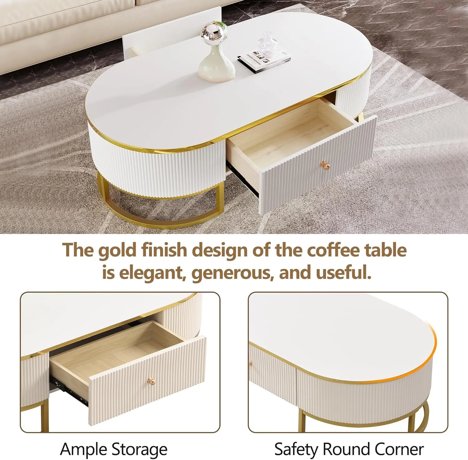 Modern Oval Coffee Table with Drawers,Curved Profile Design, Gold Metal Decor, Center Table for Living Room in 47.2"