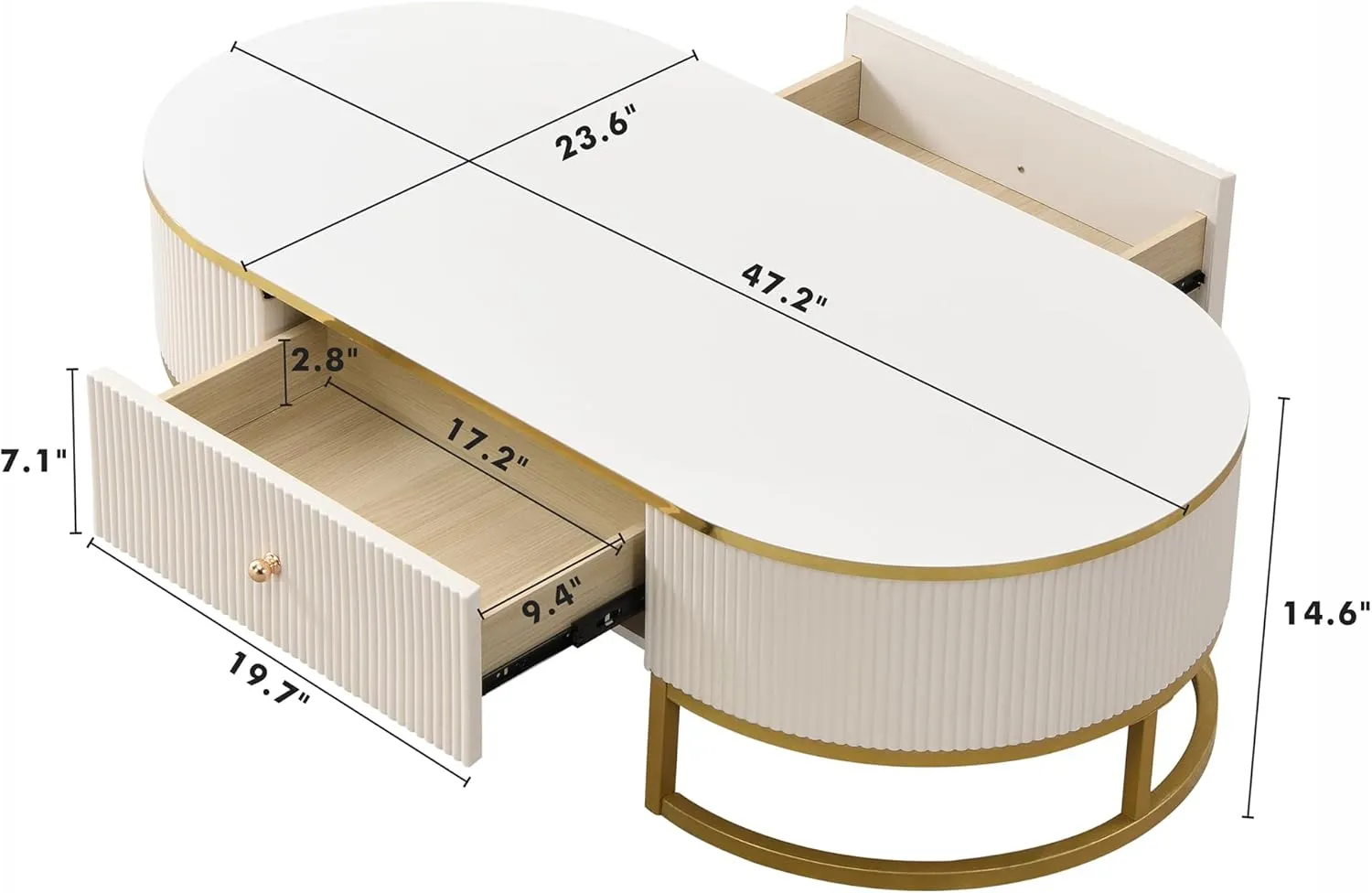 Modern Oval Coffee Table with Drawers,Curved Profile Design, Gold Metal Decor, Center Table for Living Room in 47.2"
