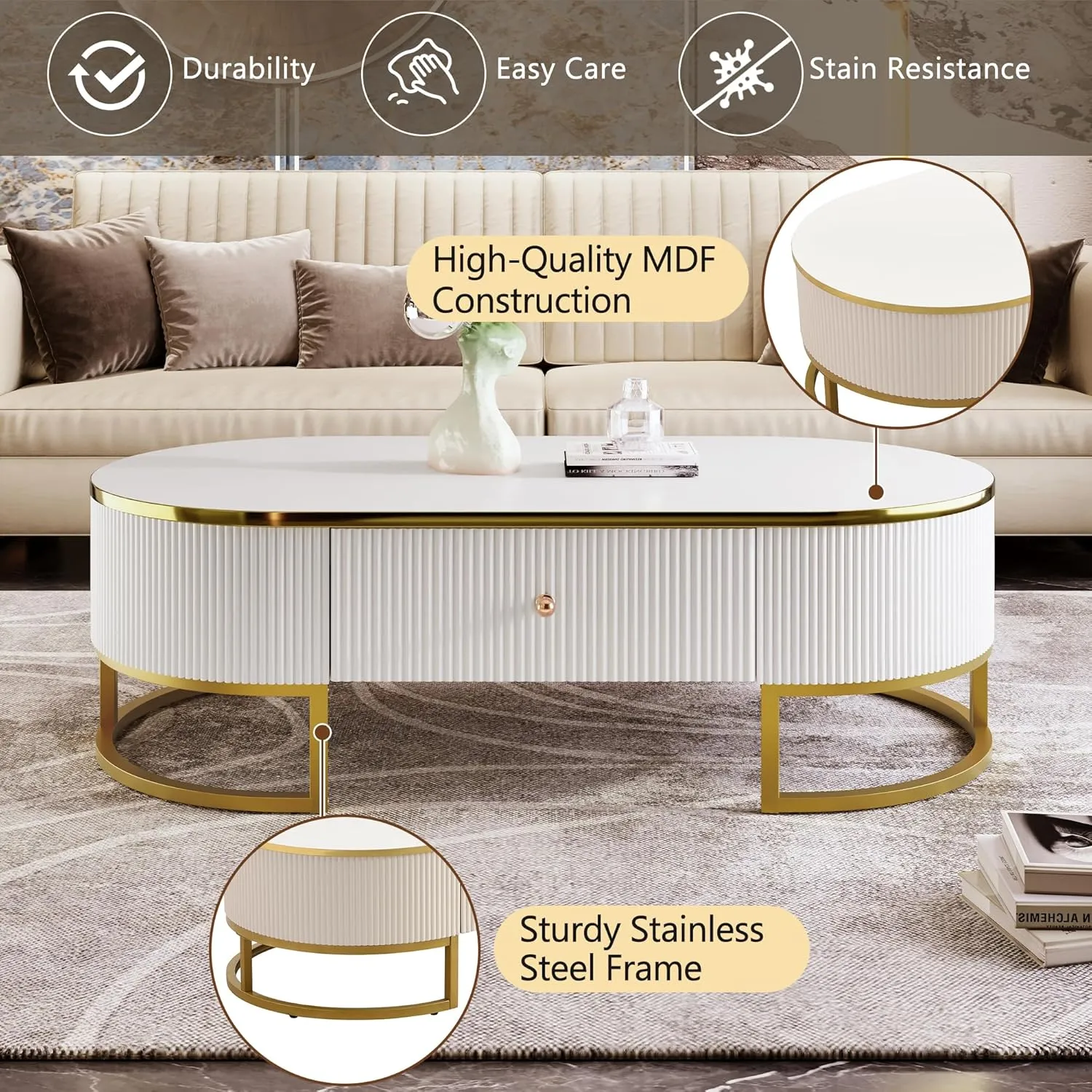 Modern Oval Coffee Table with Drawers,Curved Profile Design, Gold Metal Decor, Center Table for Living Room in 47.2"