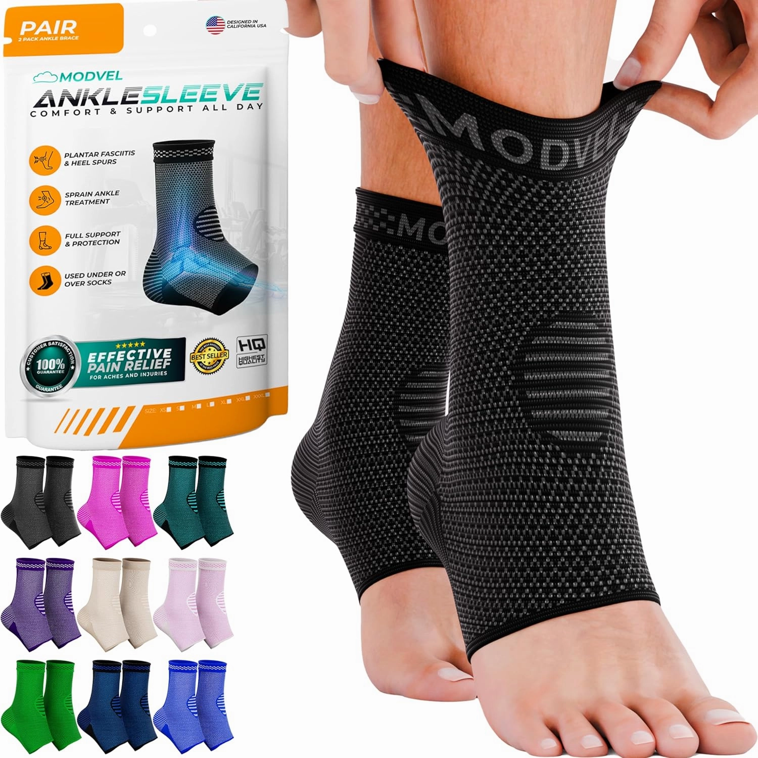 Modvel Foot & Ankle Brace Socks for Sprained Ankle Compression Sleeve – Plantar Fasciitis Relief Brace, Foot Support for Women & Men – Tendonitis & Arthritis Foot Sleeve, Stabilizing Ankle Wrap