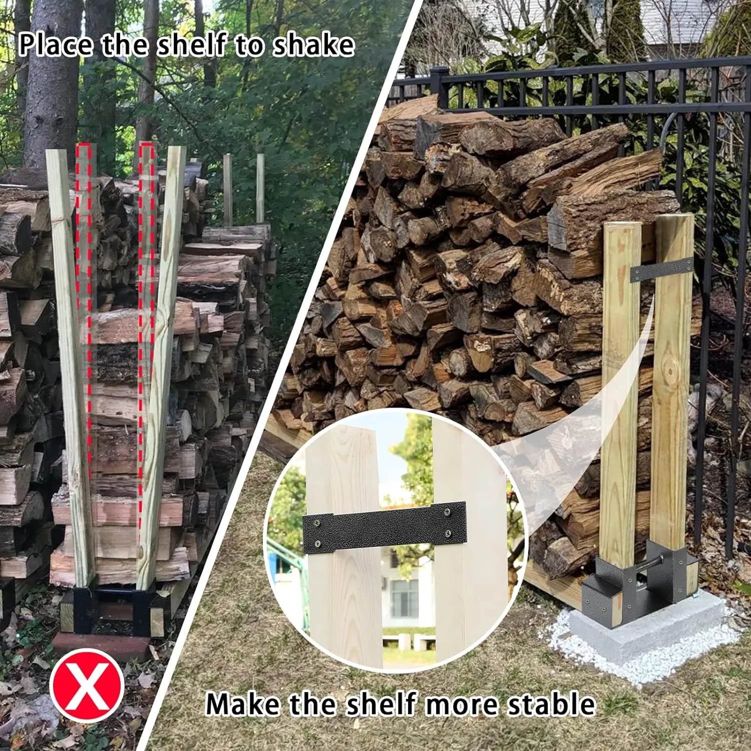 MOFEEZ Outdoor Firewood Log Storage Rack 2x4 Bracket Kit, Fireplace Wood Storage Holder, Adjustable to Any Length - Silver Black, Two Bases