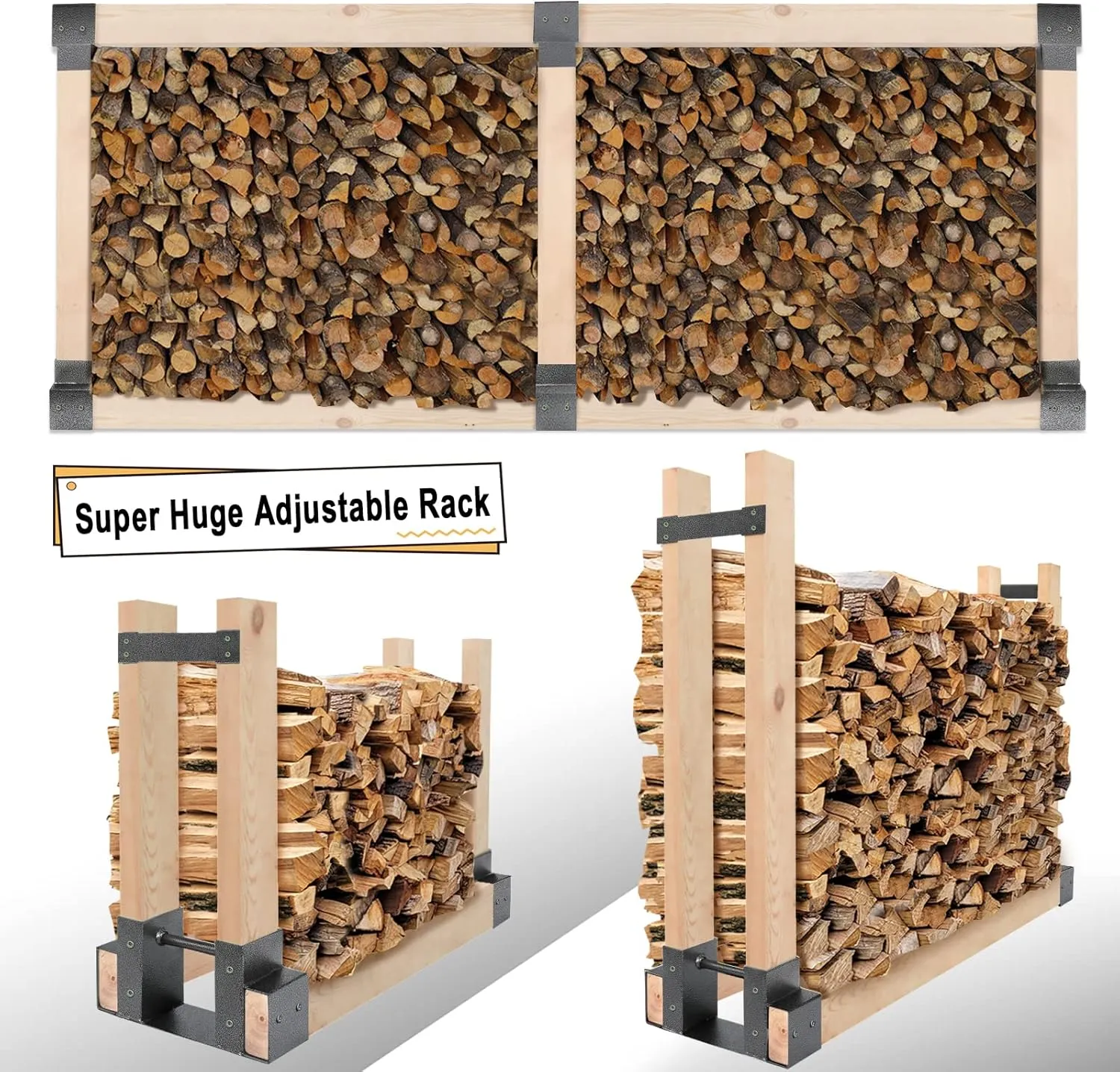 MOFEEZ Outdoor Firewood Log Storage Rack 2x4 Bracket Kit, Fireplace Wood Storage Holder, Adjustable to Any Length - Silver Black, Two Bases