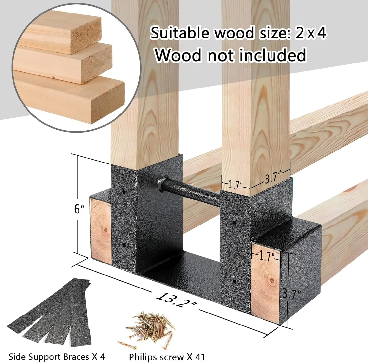 MOFEEZ Outdoor Firewood Log Storage Rack 2x4 Bracket Kit, Fireplace Wood Storage Holder, Adjustable to Any Length - Silver Black, Two Bases