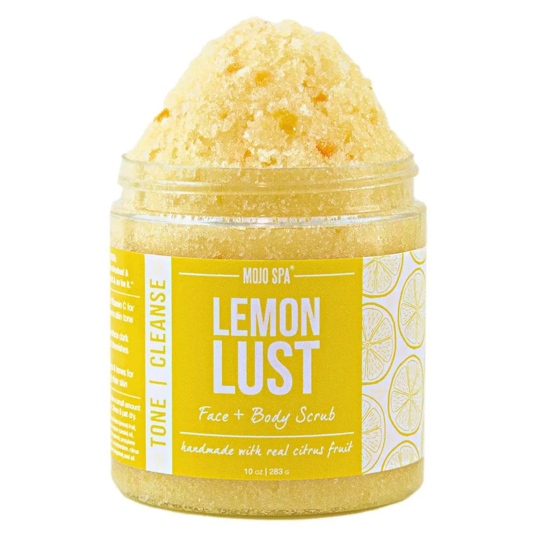 Mojo Spa Lemon Lust Face and Body Scrub | Lemon Citrus Scent | Moisturizing Sugar Based Exfoliator | 10 oz