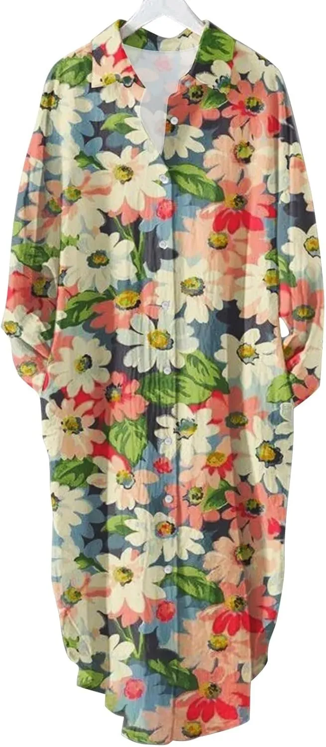 Moo Moos for Women Button Down Long Sleeve Cover up House Dress 2024 Fall Lounge Lightweight Mumus with Pockets