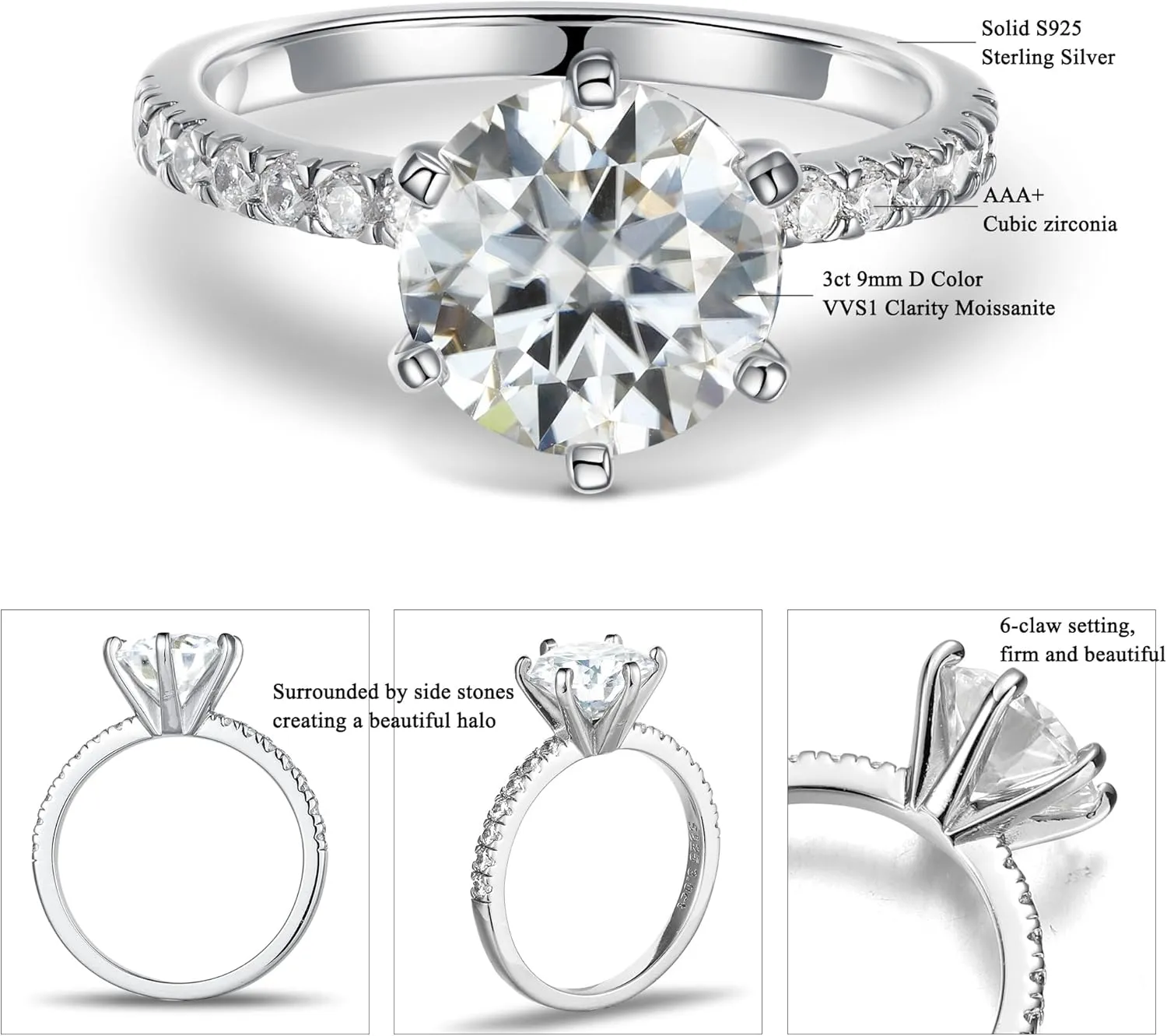 MOOSEA 3CT Moissanite Engagement Rings for Women, Brilliant D Color VVS1 Clarity Lab Created Rings S925 Sterling Silver 14K White Gold Vermeil 6 Claw Moissanite Rings for Women Jewelry Gifts