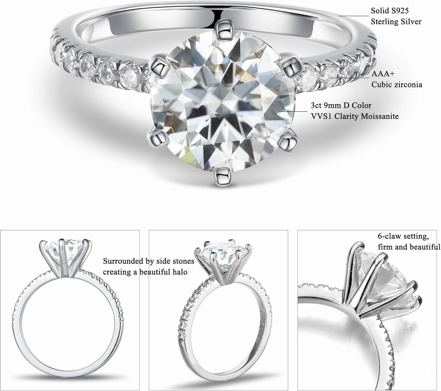 MOOSEA 3CT Moissanite Engagement Rings for Women, Brilliant D Color VVS1 Clarity Lab Created Rings S925 Sterling Silver 14K White Gold Vermeil 6 Claw Moissanite Rings for Women Jewelry Gifts