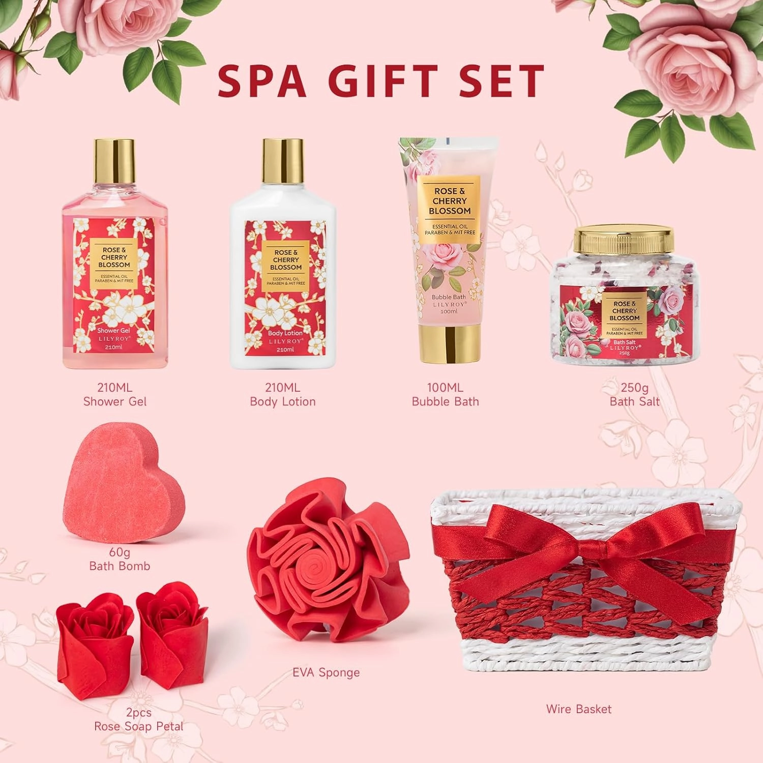 Mothers Day Gifts for Mom - 9 Pcs Rose Pampering Bath and Body Gift Basket Set for Women, Gift with Shower Gel | Valentine's, Birthday, Christmas Gifts for Her, Perfect Gift for Mom All Occasion