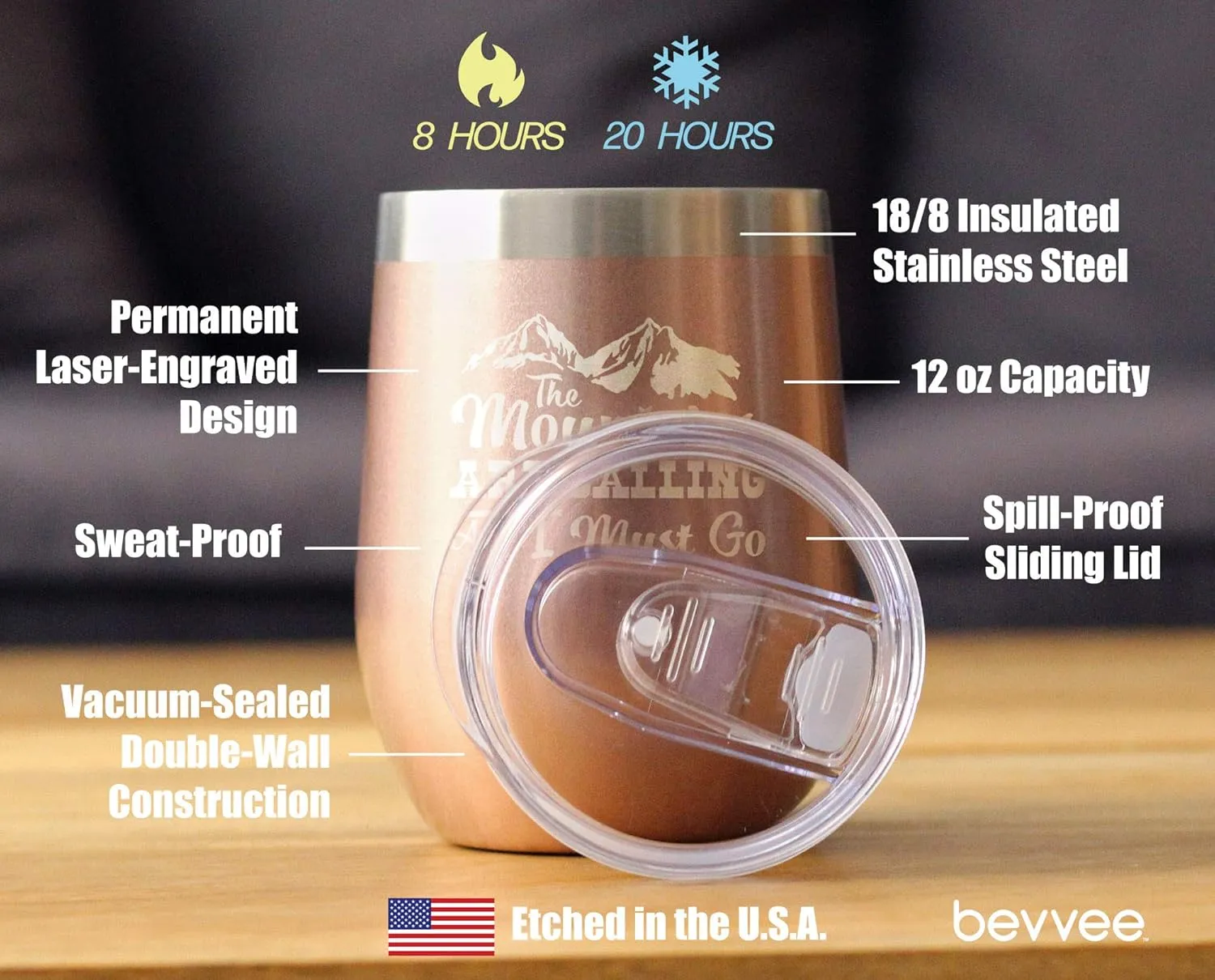 Mountains Are Calling - Wine Tumbler Glass with Sliding Lid - Stemless Stainless Steel Insulated Cup - Outdoor Hiking & Camping Gift - Rose Gold