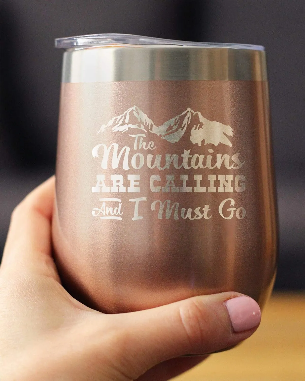 Mountains Are Calling - Wine Tumbler Glass with Sliding Lid - Stemless Stainless Steel Insulated Cup - Outdoor Hiking & Camping Gift - Rose Gold