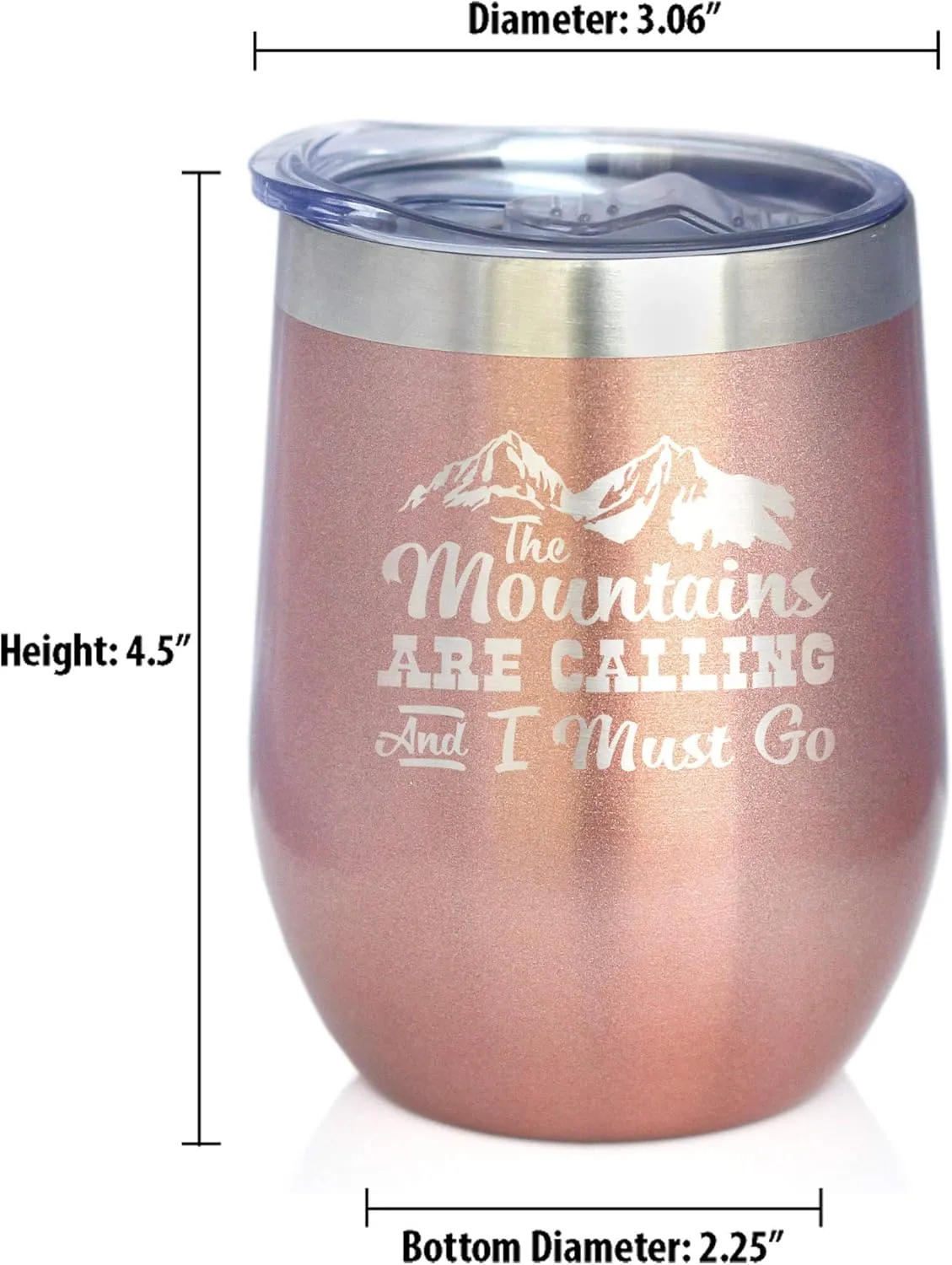 Mountains Are Calling - Wine Tumbler Glass with Sliding Lid - Stemless Stainless Steel Insulated Cup - Outdoor Hiking & Camping Gift - Rose Gold