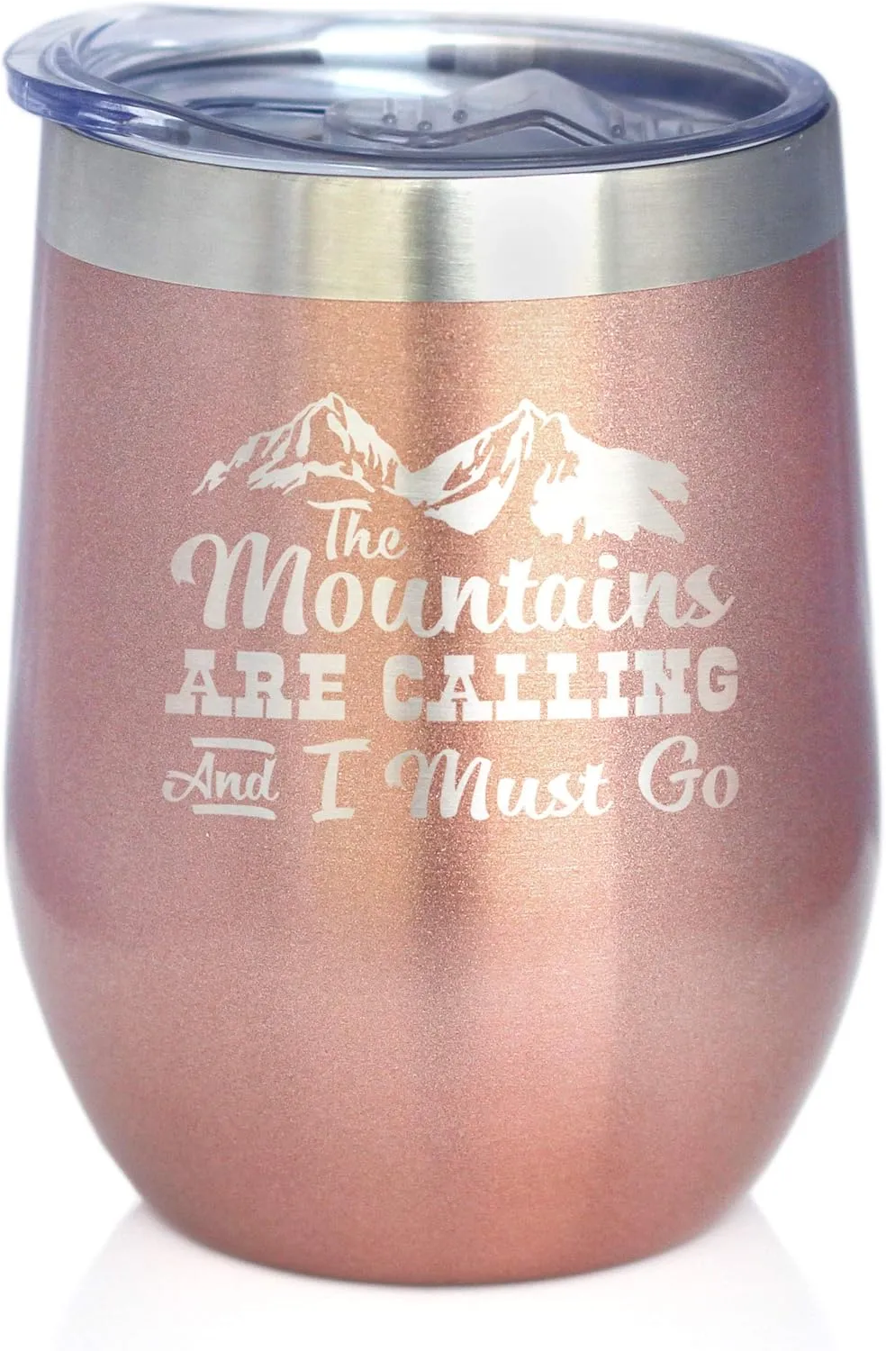 Mountains Are Calling - Wine Tumbler Glass with Sliding Lid - Stemless Stainless Steel Insulated Cup - Outdoor Hiking & Camping Gift - Rose Gold