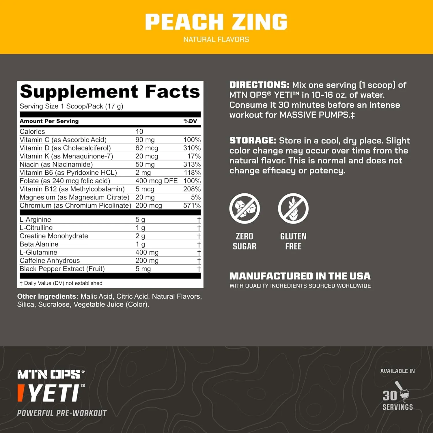 MTN OPS Yeti Pre-Workout Powder Energy Drink with Creatine, 200mg Caffeine & BCAAs with Beta Alanine, 30-Serving Tub, Peach Zing