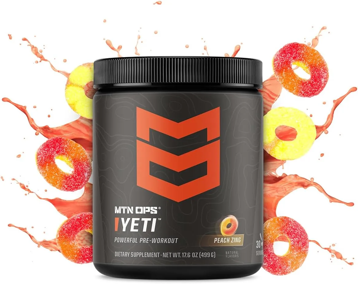 MTN OPS Yeti Pre-Workout Powder Energy Drink with Creatine, 200mg Caffeine & BCAAs with Beta Alanine, 30-Serving Tub, Peach Zing