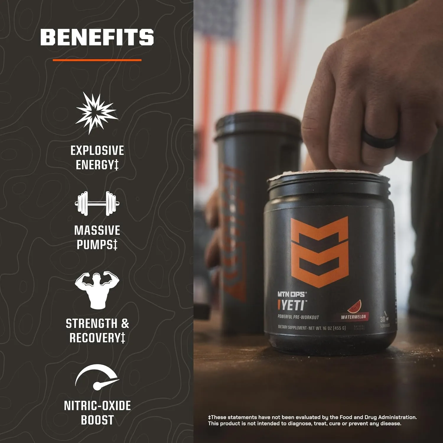 MTN OPS Yeti Pre-Workout Powder Energy Drink with Creatine, 200mg Caffeine & BCAAs with Beta Alanine, 30-Serving Tub, Peach Zing