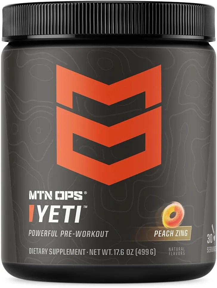 MTN OPS Yeti Pre-Workout Powder Energy Drink with Creatine, 200mg Caffeine & BCAAs with Beta Alanine, 30-Serving Tub, Peach Zing