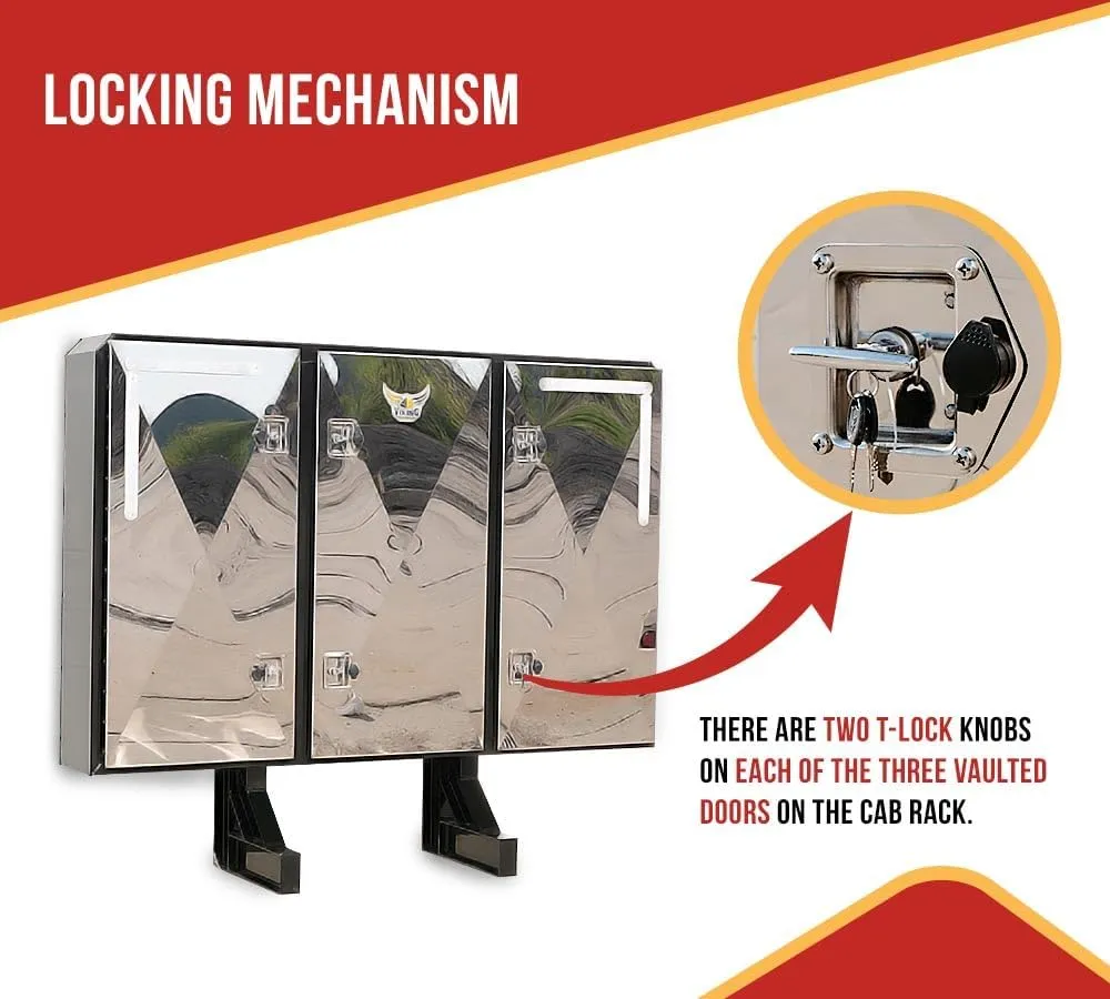 Mytee Products 68" x 80" x 14" Black Viking Vaulted Aluminum Flatbed Trailer Cab Rack with 3 Mirror Finish Doors - Headache Rack for Semi Trucks for Easy Haul & Store Trailer Equipments