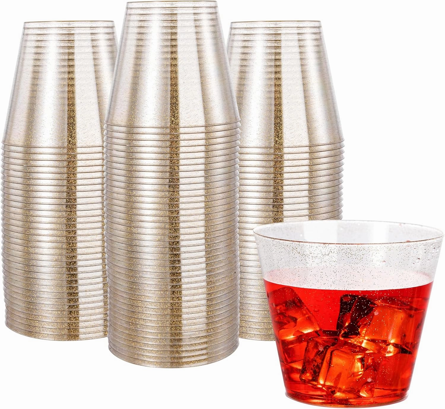 N9R 100PCS Gold Plastic Cups 9oz, Gold Glitter Plastic Cups Disposable, Elegant Wedding Cups and Party Cups