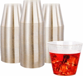 N9R 100PCS Gold Plastic Cups 9oz, Gold Glitter Plastic Cups Disposable, Elegant Wedding Cups and Party Cups