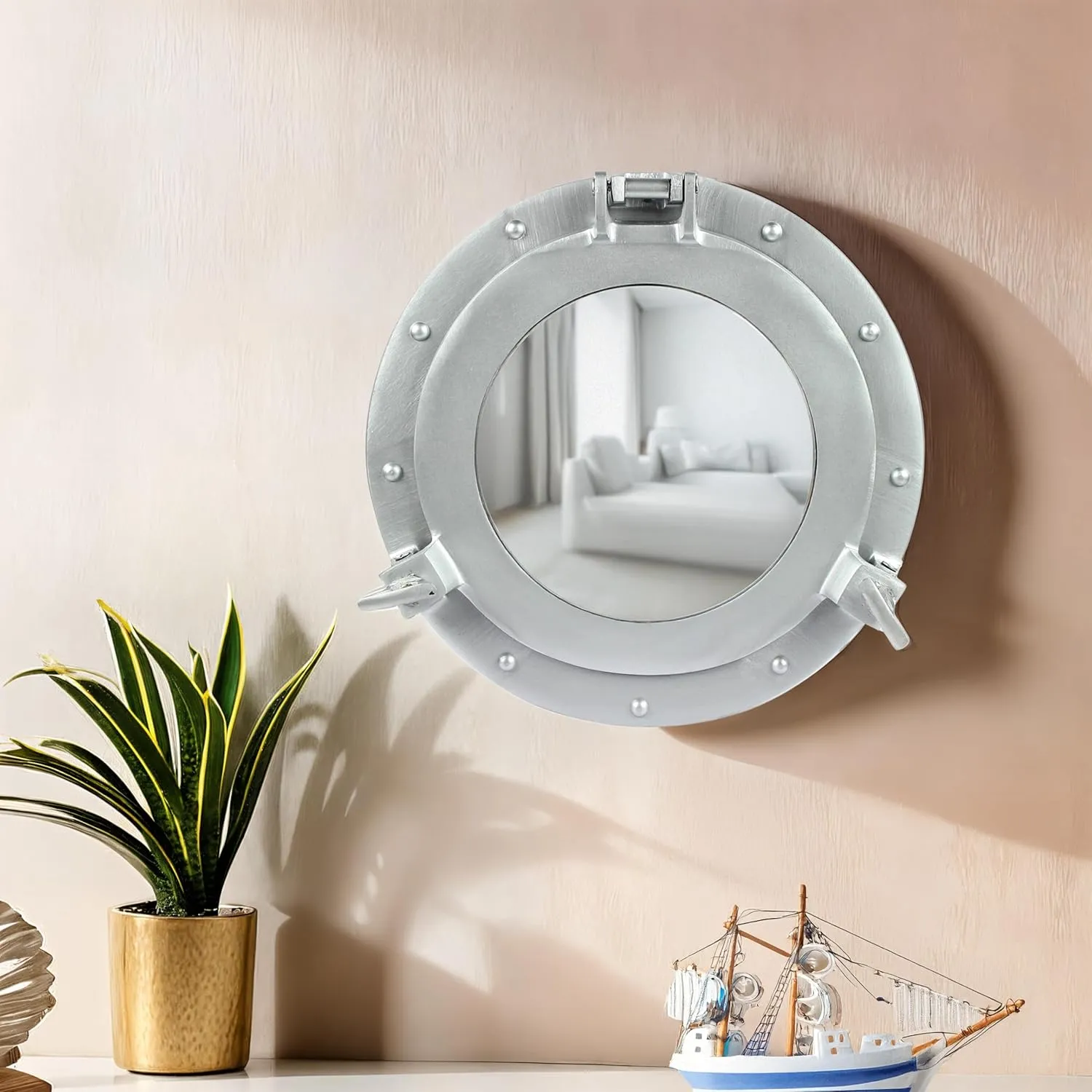 Nagina International Silver Deco Powder Coated Premium Nautical Aluminum Pirate's Ship's Porthole Clock Mirror & Window | Exclusive Wall Decor Accent (12 Inches, Mirror)