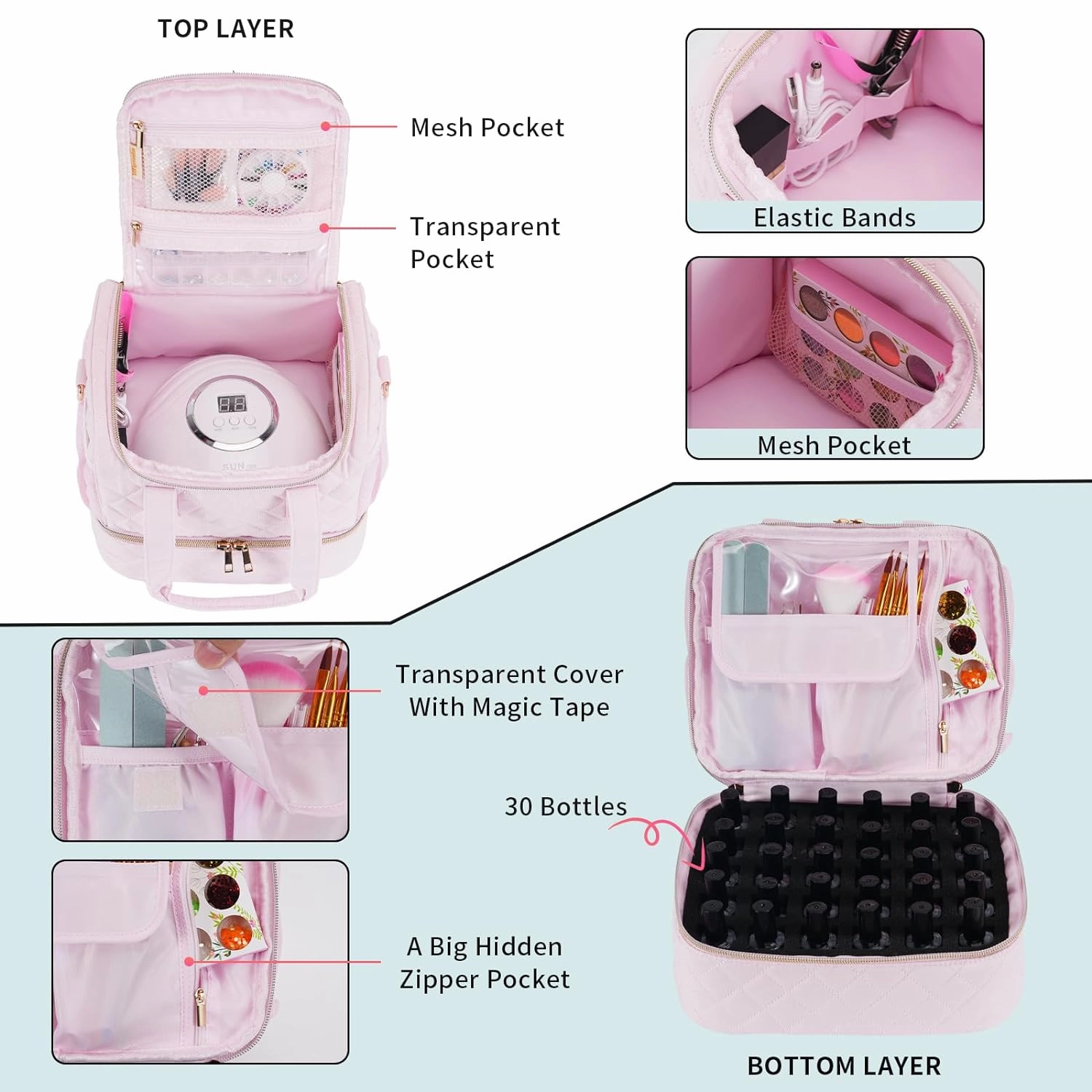 Nail Polish Organizer Case Fits Nail Lamp and 30 Bottles,Nail Organizers and Storage for Nail Tech Travel,Pretty Nail Polish Storage Bag Fits Nail Kit & Manicure Tools (Patented)