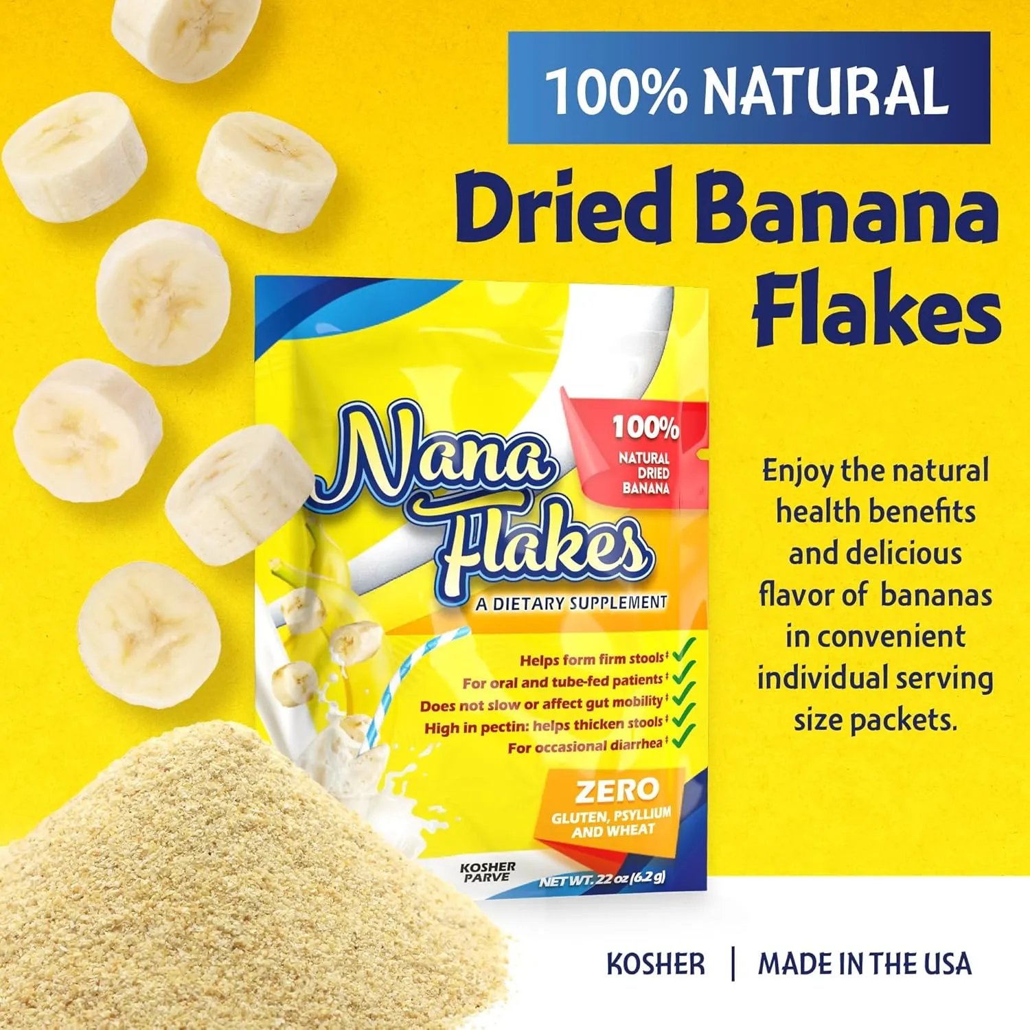 Nana Flakes 100% Pure Banana Flakes Medical Food Powder - Decrease Fat Intake & Natural Remedy for Diarrhea & Heart Burn - Great Source of Protein & Fiber (25 Single-Serve Packs)