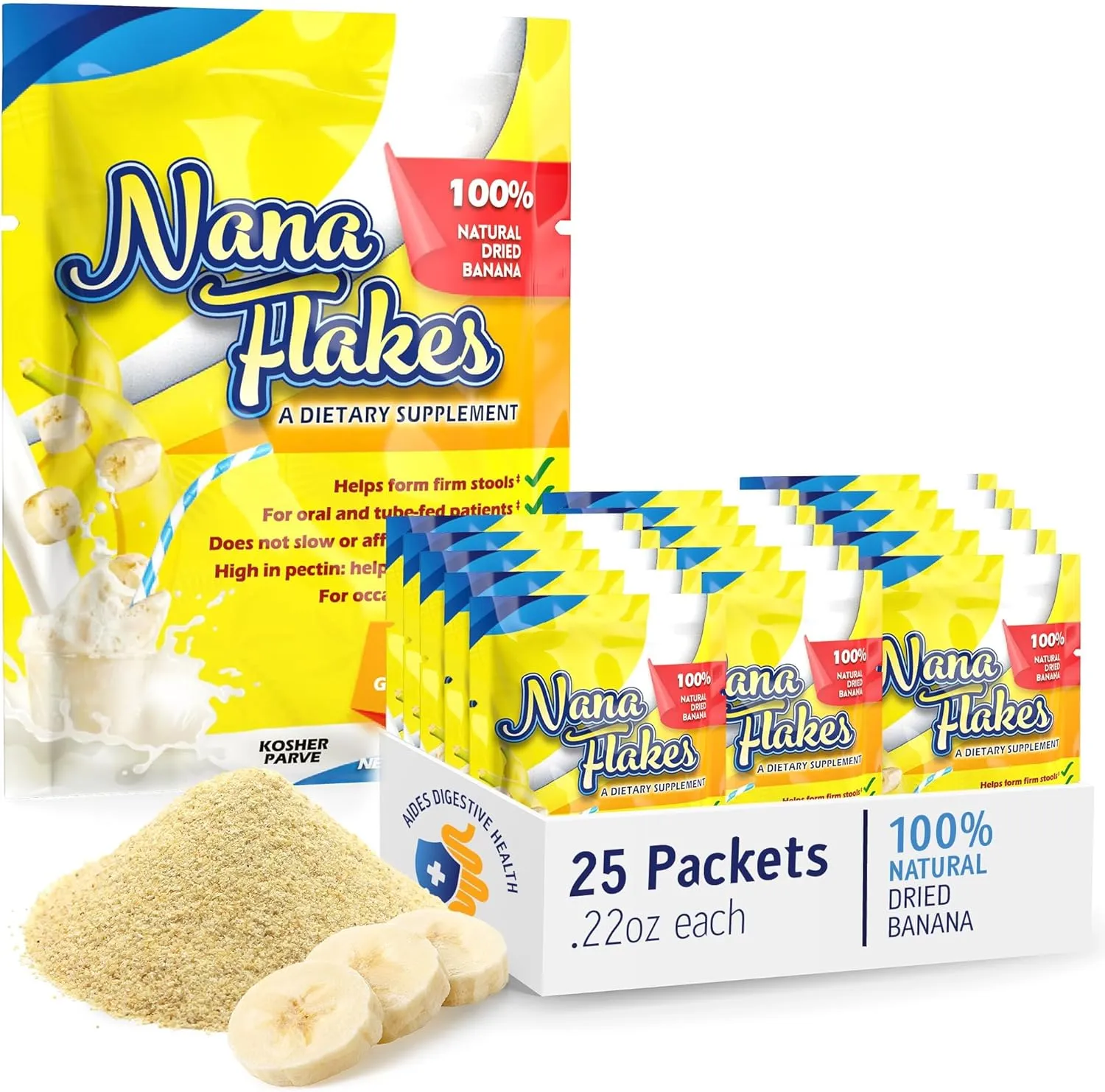 Nana Flakes 100% Pure Banana Flakes Medical Food Powder - Decrease Fat Intake & Natural Remedy for Diarrhea & Heart Burn - Great Source of Protein & Fiber (25 Single-Serve Packs)