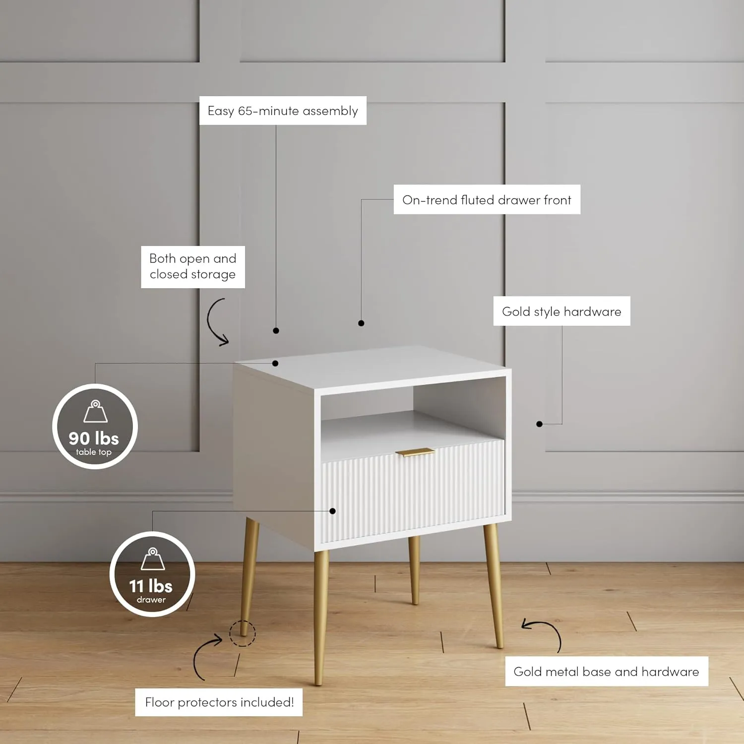 Nathan James 33902 Jacklyn Mid-Century Accent Side or End Table with Storage, Wood Frame White/Glam