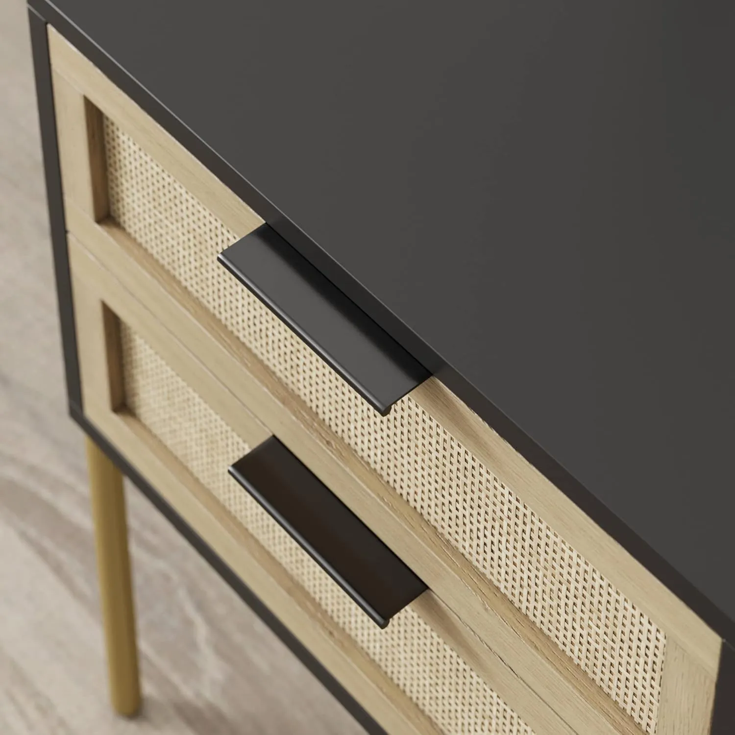 Nathan James Andrew Nightstand, Accent Bedside End Side Table with Storage Drawer, and Mid-Century Modern Legs for Living Room or Bedroom, 1, 14" D x 19" W x 24" H, Black/Cane/Gold