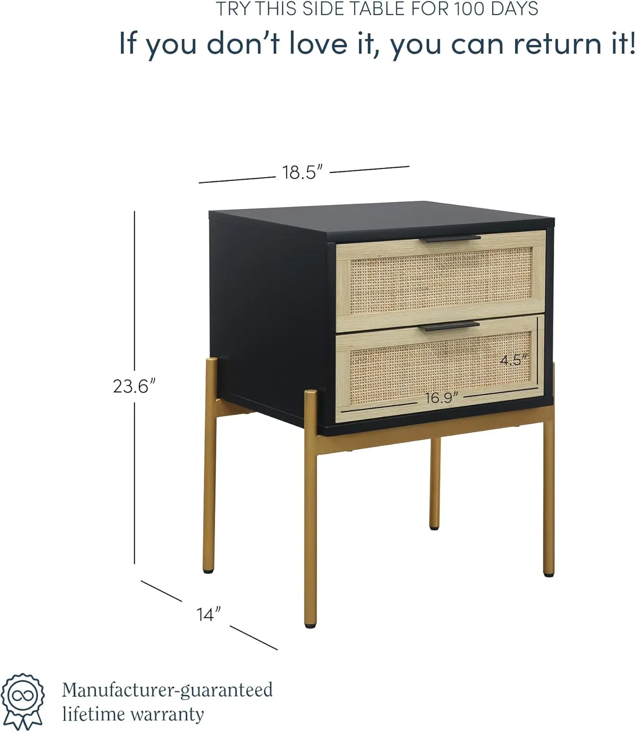 Nathan James Andrew Nightstand, Accent Bedside End Side Table with Storage Drawer, and Mid-Century Modern Legs for Living Room or Bedroom, 1, 14" D x 19" W x 24" H, Black/Cane/Gold
