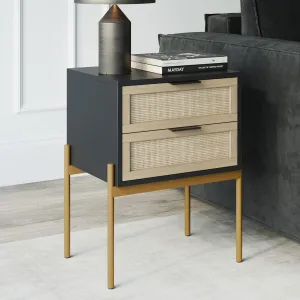 Nathan James Andrew Nightstand, Accent Bedside End Side Table with Storage Drawer, and Mid-Century Modern Legs for Living Room or Bedroom, 1, 14" D x 19" W x 24" H, Black/Cane/Gold