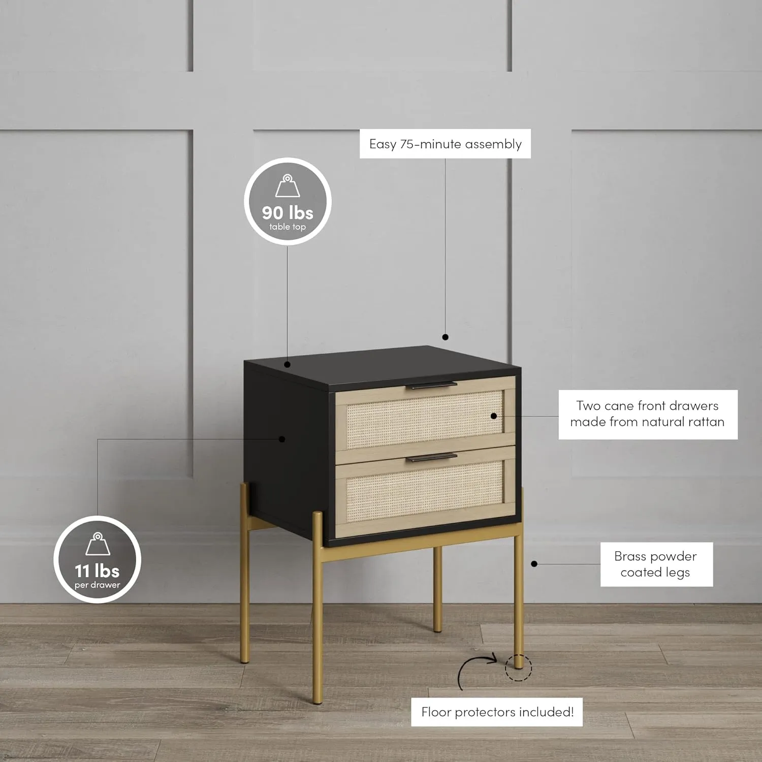 Nathan James Andrew Nightstand, Accent Bedside End Side Table with Storage Drawer, and Mid-Century Modern Legs for Living Room or Bedroom, 1, 14" D x 19" W x 24" H, Black/Cane/Gold