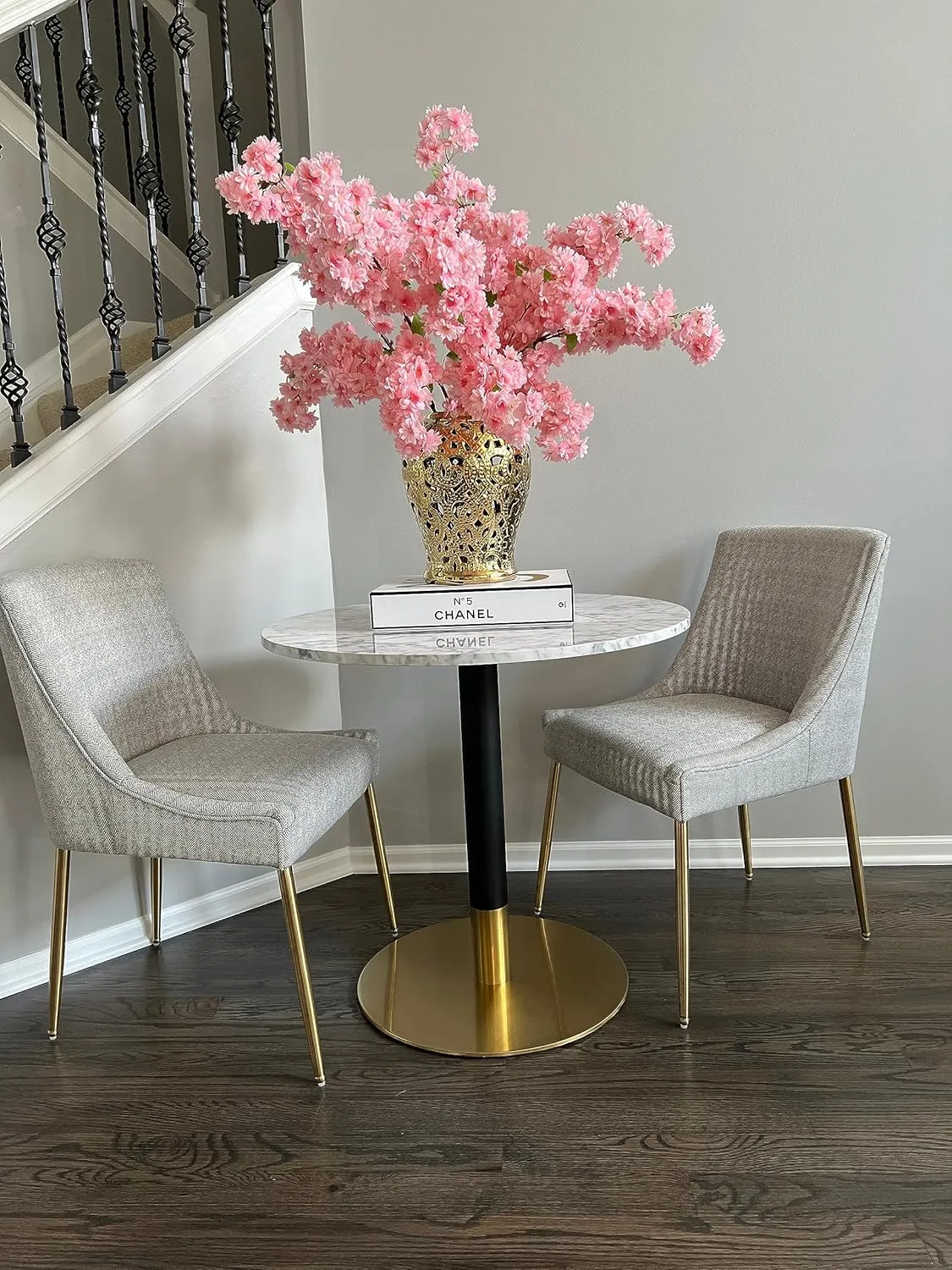 Nathan James Bistro Lucy Small Mid-Century Modern Kitchen or Dining Table with Faux Carrara Marble Top and Brushed Metal Pedestal Base, Black/Gold 31D x 31.5W x 29H in