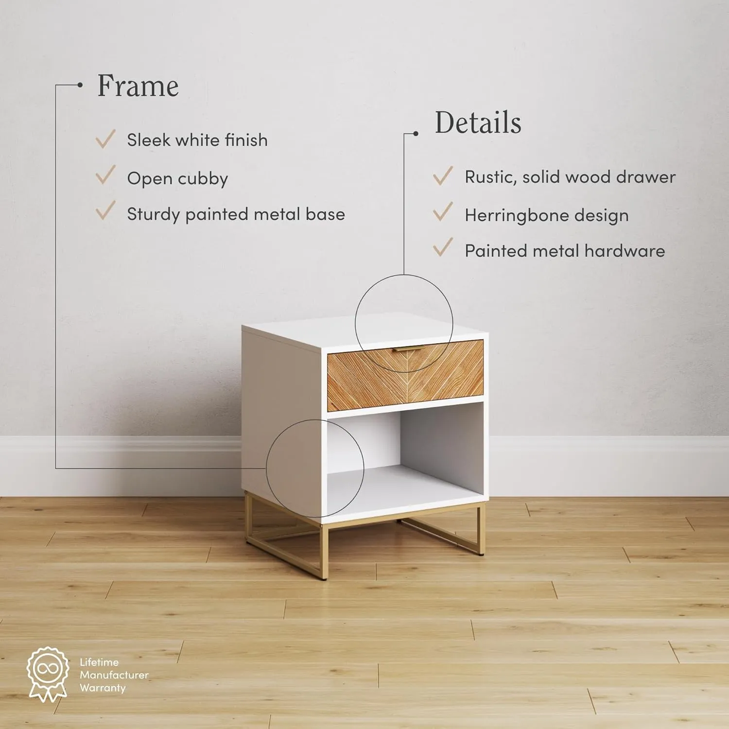 Nathan James Kensi Nightstand Side Accent or End Table with Storage, White/Gold
