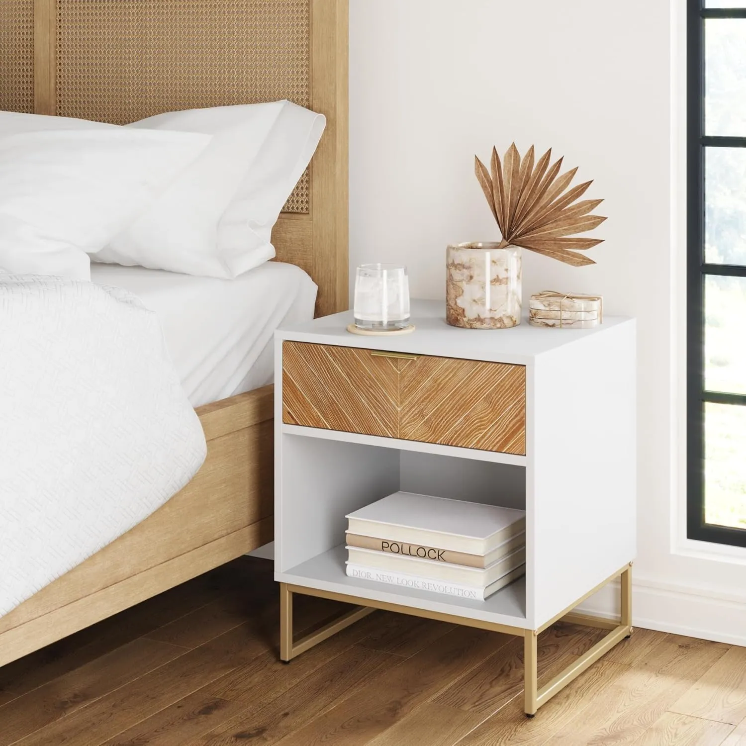 Nathan James Kensi Nightstand Side Accent or End Table with Storage, White/Gold