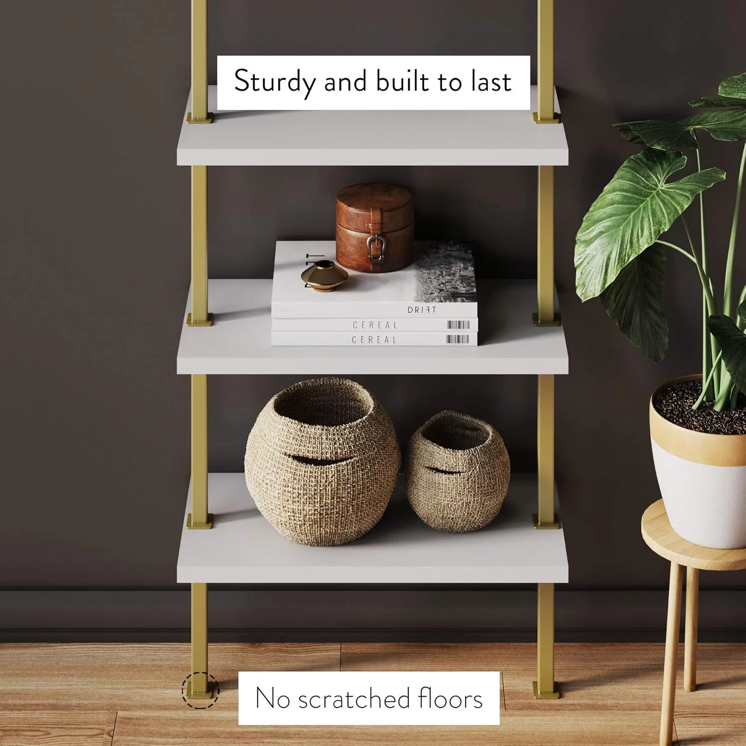 Nathan James Theo 5-Shelf Modern Bookcase, Open Wall Mount Ladder Bookshelf, White/Gold & Theo 2-Shelf Industrial Wall Mount Ladder Small Computer or Writing Desk, White/Gold Brass